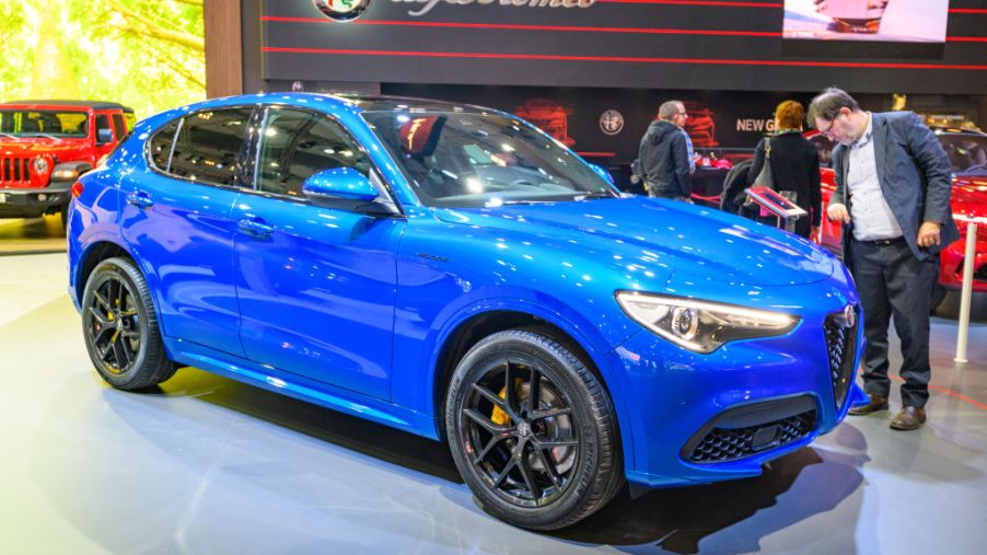 Alfa Romeo Stelvio Veloce front engine, all wheel drive, five door, compact luxury crossover SUV on display at Brussels Expo