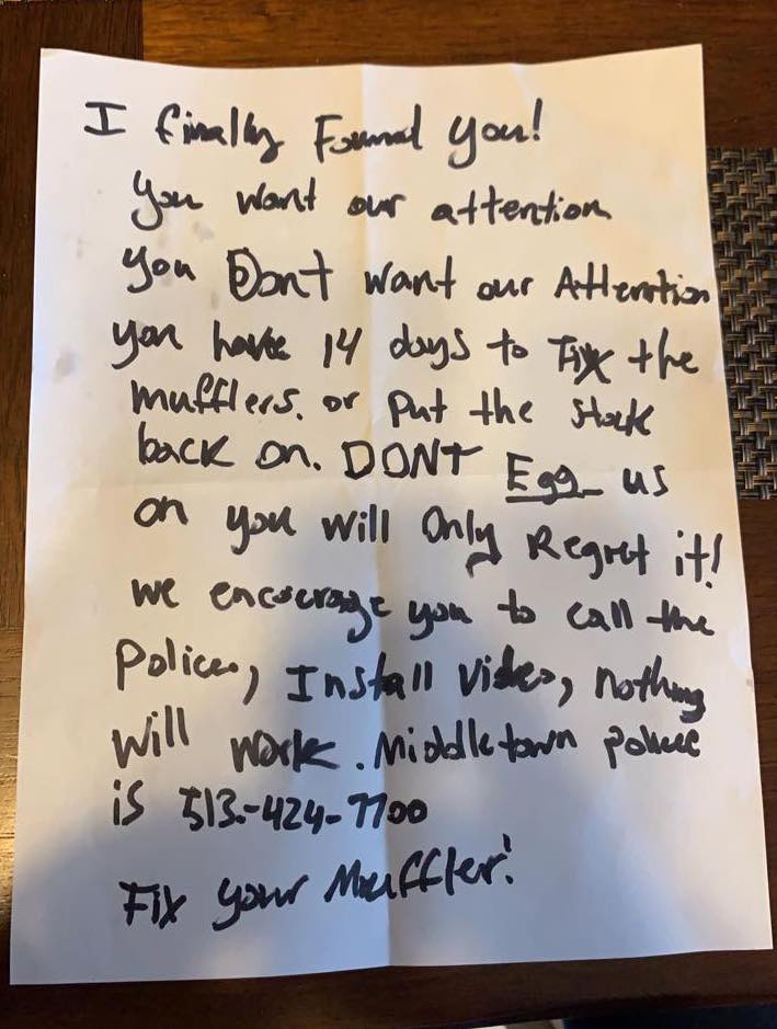 Hand written note to loud Mustang owner by angry neighbor