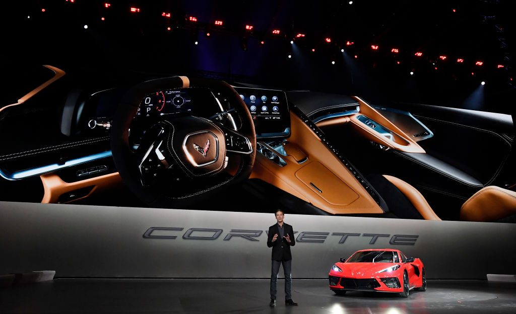 TUSTIN, CA - JULY 18: Tadge Juechter, Corvette Executive Chief Engineer, introduces the 2020 mid-engine C8 Corvette Stingray by General Motors during a news conference on July 18, 2019 in Tustin, California. (Photo by Kevork Djansezian/Getty Images)