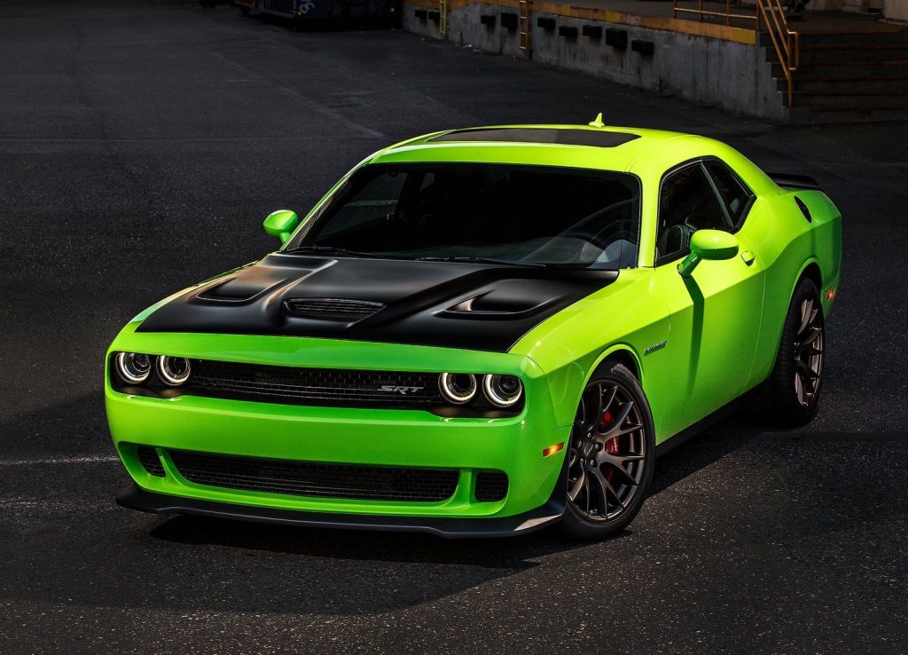 a neon green Dodge Challenger muscle car