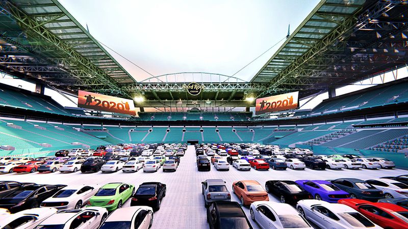 A rendering showing cars parked on the field at the Hard Rock Stadium