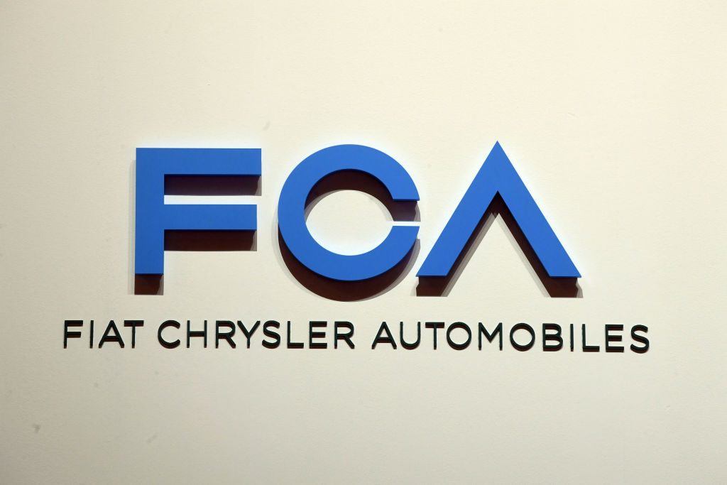 A logo of Fiat Chrysler Automobiles (FCA), taken at the Geneva Motor Show on the first press day