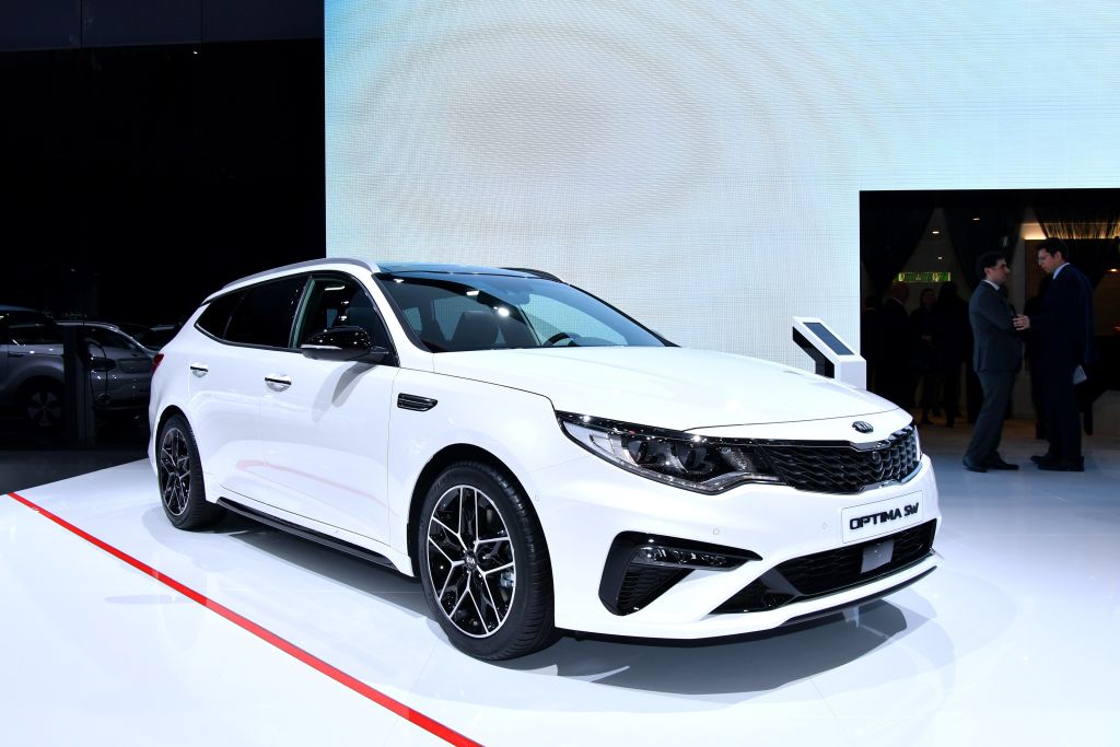 The Kia Optima SW is displayed at the South Korean car maker's booth during a press day ahead of the Geneva International Motor Show