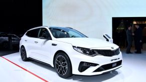 The Kia Optima SW is displayed at the South Korean car maker's booth during a press day ahead of the Geneva International Motor Show