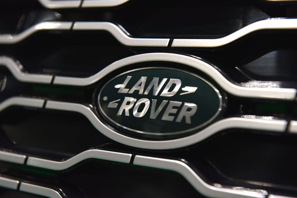 A Land Rover radiator badge is displayed during the London Motor and Tech Show at ExCel