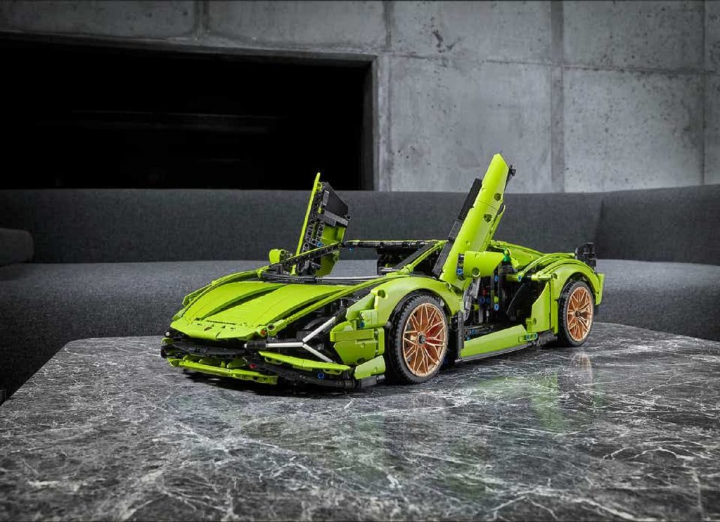 Green Lego Lamborghini Sian kit with gold wheels and open scissor doors