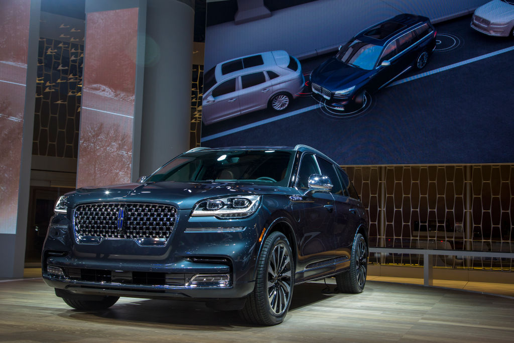 The new Lincoln Aviator is shown with a self-parking video during the auto trade show, AutoMobility LA