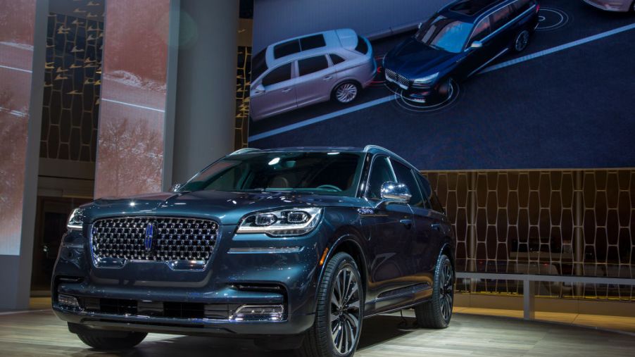 The new Lincoln Aviator is shown with a self-parking video during the auto trade show, AutoMobility LA