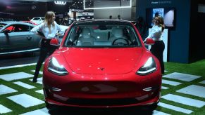 The Tesla Model 3 on display in Los Angeles, California on November 29, 2018 at Automobility LA
