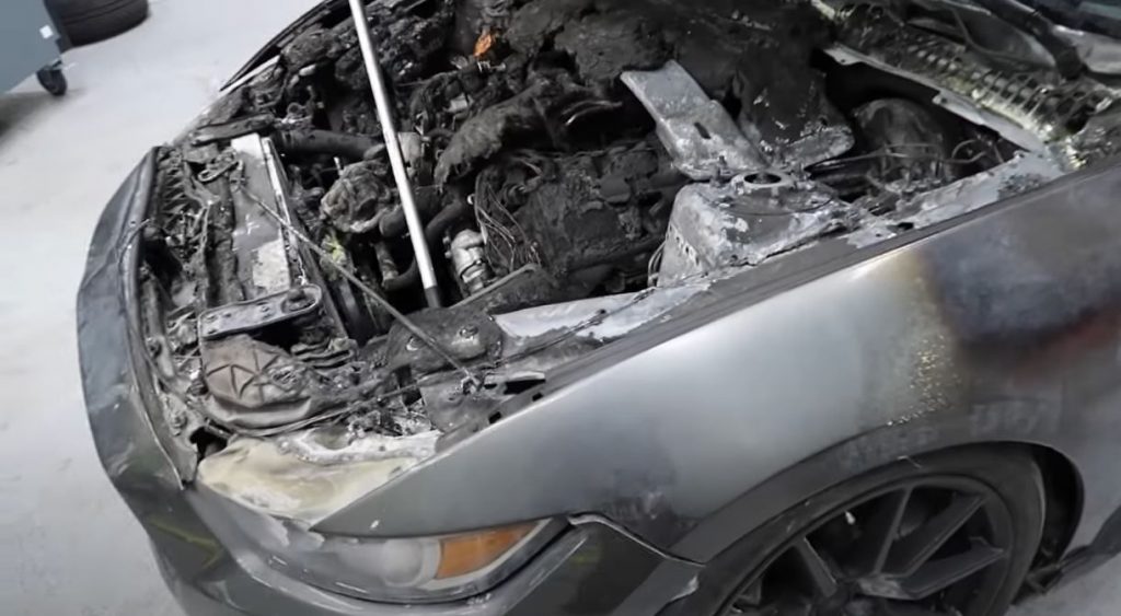 2017 Mustang GT350 engine bay after fire