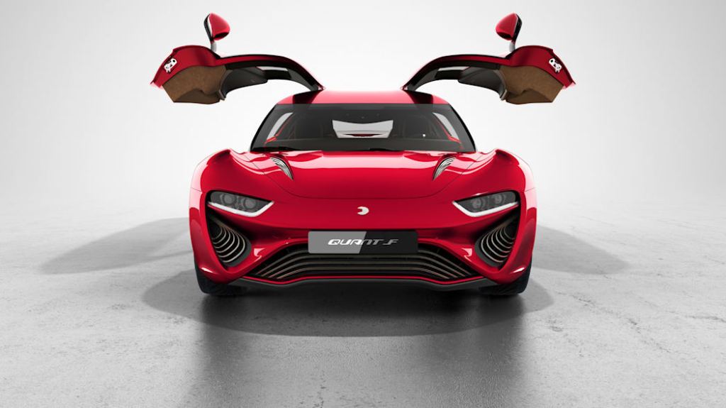 A head-on view of a red electric Quant FE with its gull wing doors open