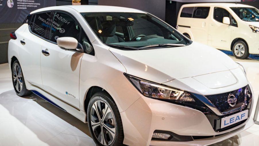 Nissan Leaf compact five-door hatchback battery electric vehicle on display at Brussels Expo