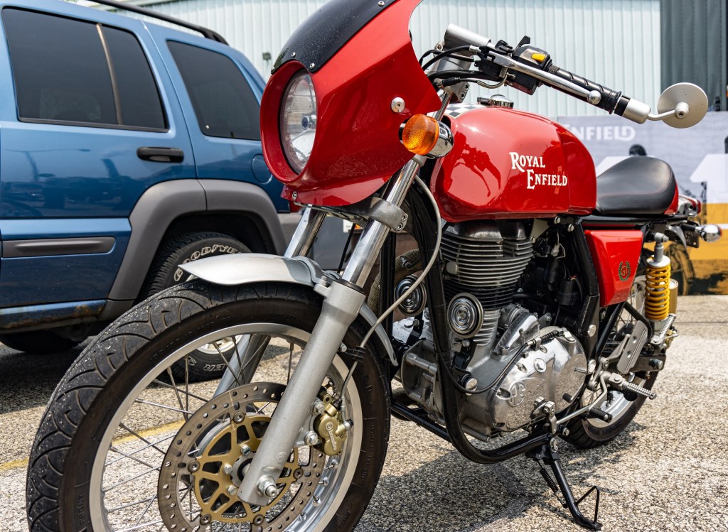 A red customized Royal Enfield Continental GT 535