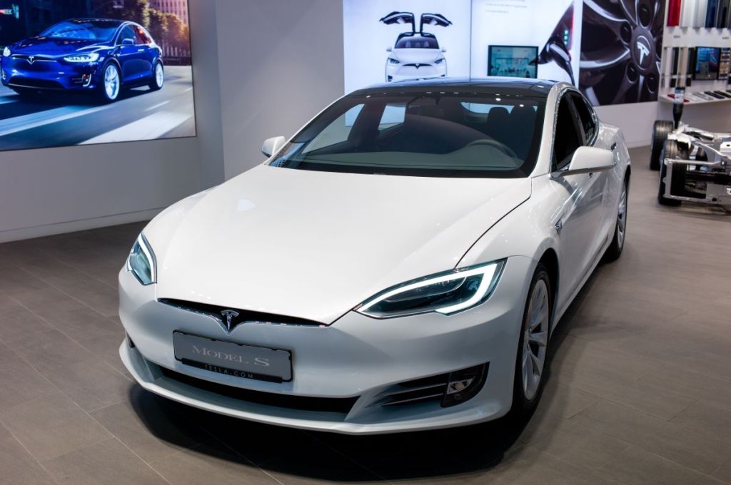 Front view of a white electric Tesla Model S