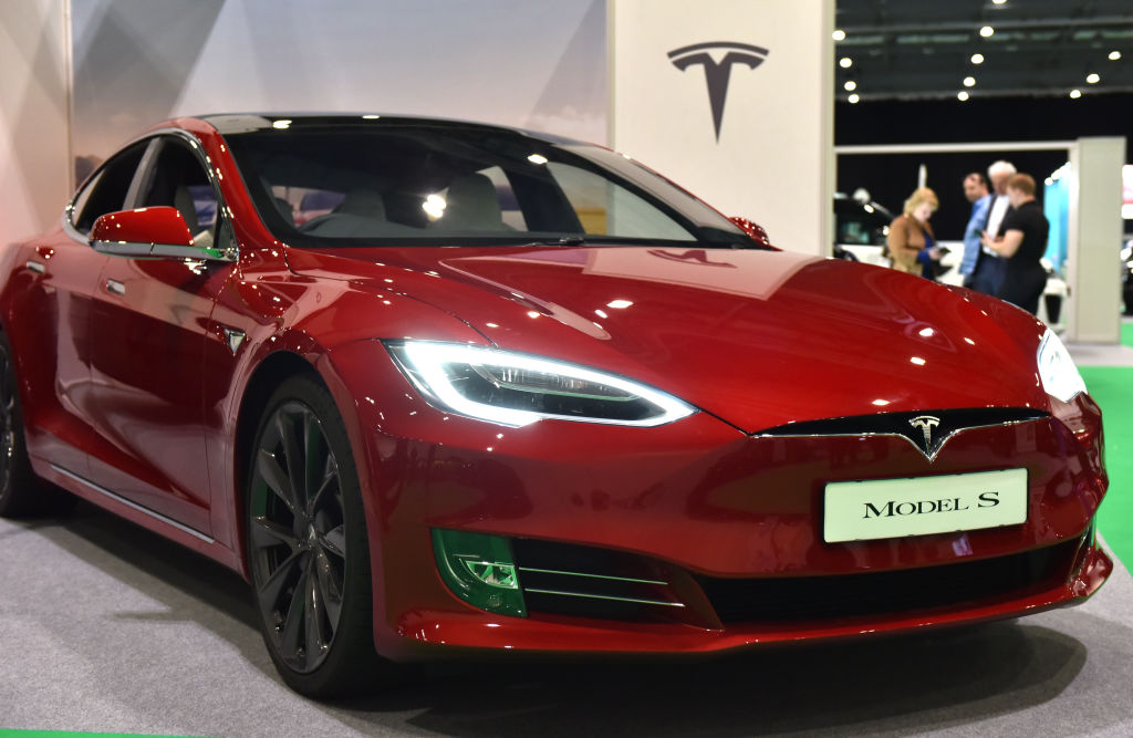 A Tesla Model S is displayed during the London Motor and Tech Show at ExCel