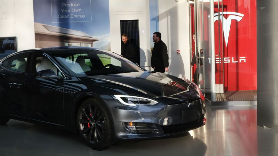 A Tesla vehicle is displayed in a Manhattan dealership on January 30, 2020 in New York City