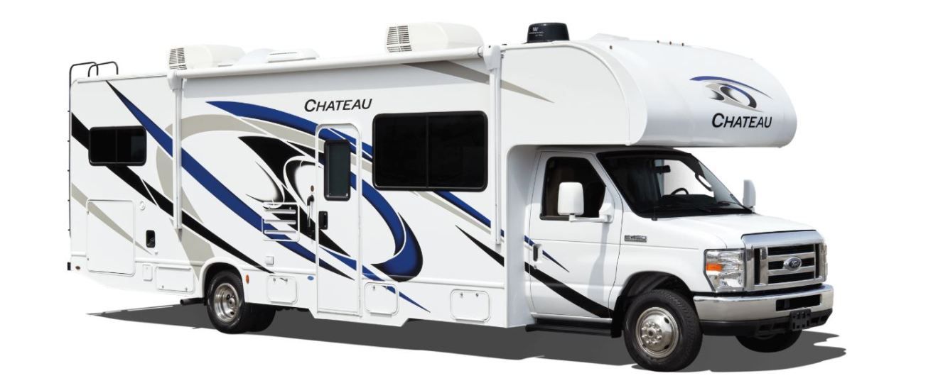 A white RV camper (Class C) owned by Thor industries