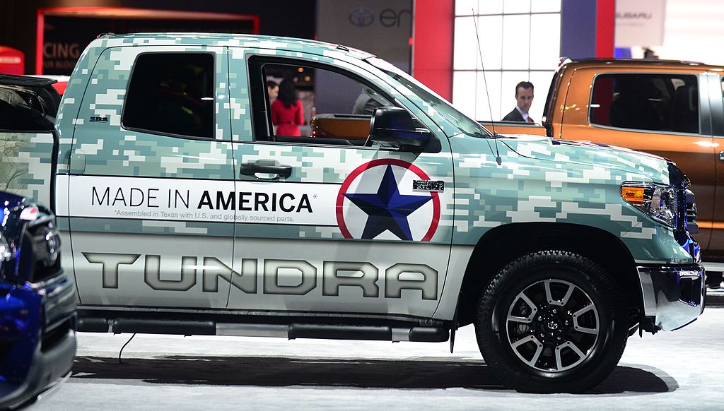 A Toyota Tundra V8 on display at an auto show
