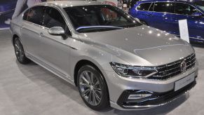 A Volkswagen Passat is seen during the Vienna Car Show press preview at Messe Wien