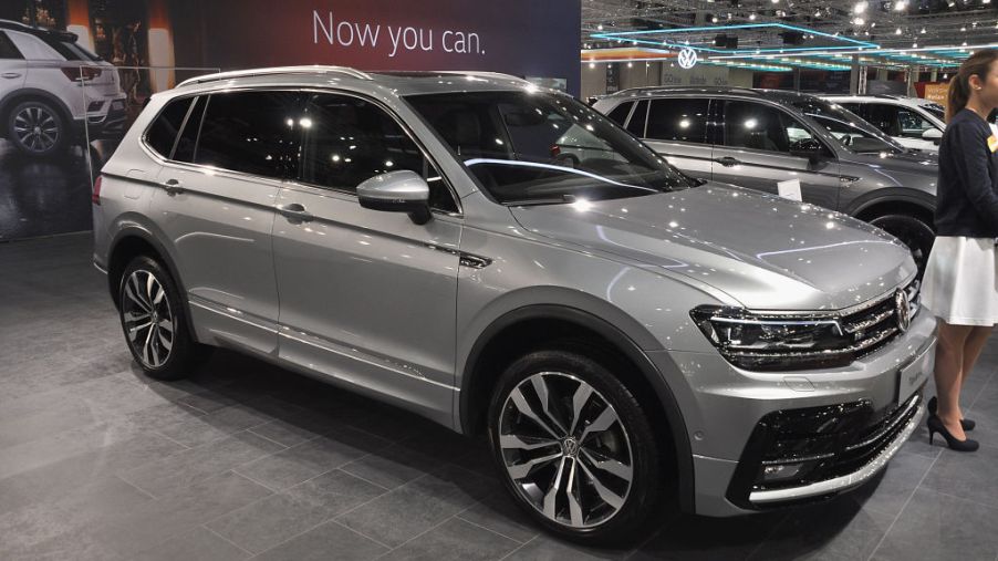 A Volkswagen Tiguan Allspace is seen during the Vienna Car Show press preview at Messe Wien, as part of Vienna Holiday Fair