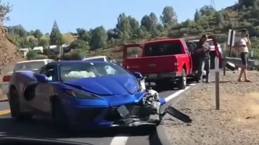 Blue 2020 Corvette crashed on side of road