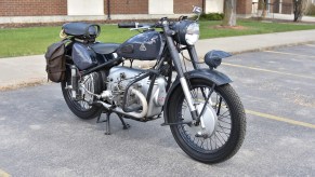 Blue-gray 1953 Condor A580 motorcycle in a parking lot