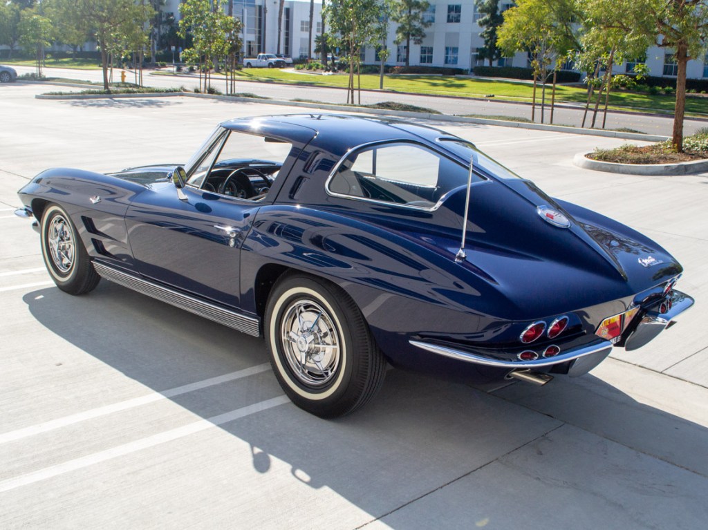 The rear of a Daytona Blue 1963 Corvette Sting Ray