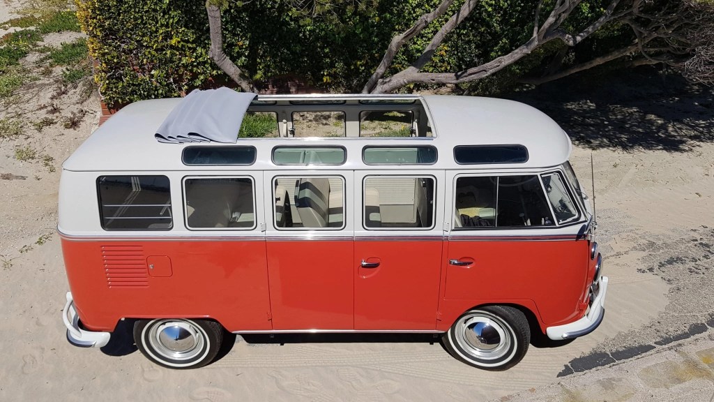 Overhead shot of a restored 1964 Volkswagen 21-Window Type 2 Bus with the sunroof open