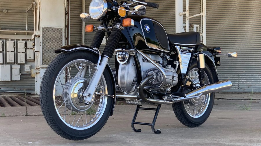 Black 1975 BMW R75/5 motorcycle on its center stand