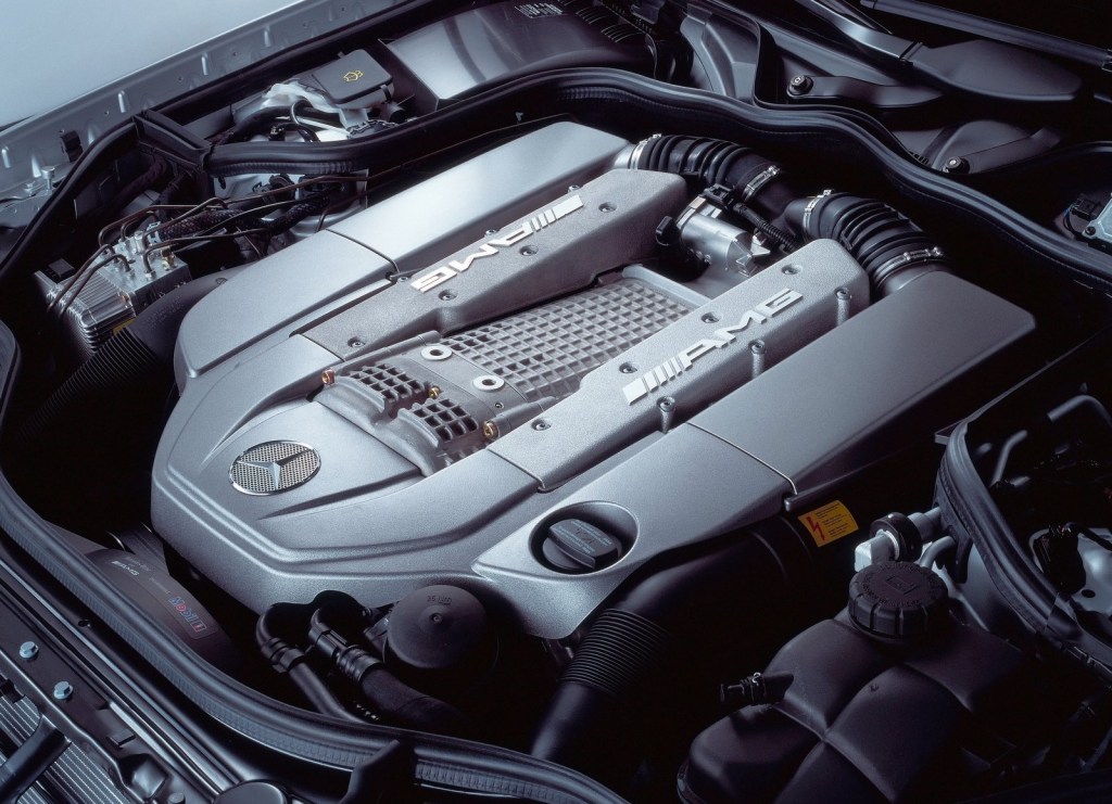 2003 Mercedes E55 AMG engine bay, showing the supercharged 5.4-liter V8