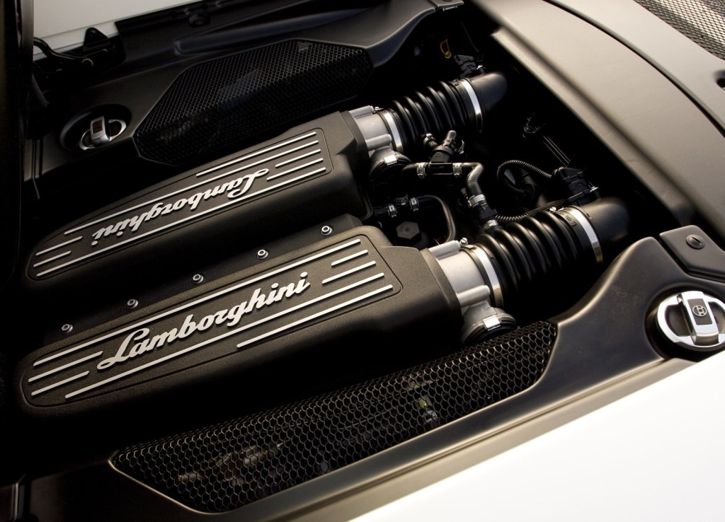View of the 2009 Lamborghini Gallardo LP560-4's V10 engine