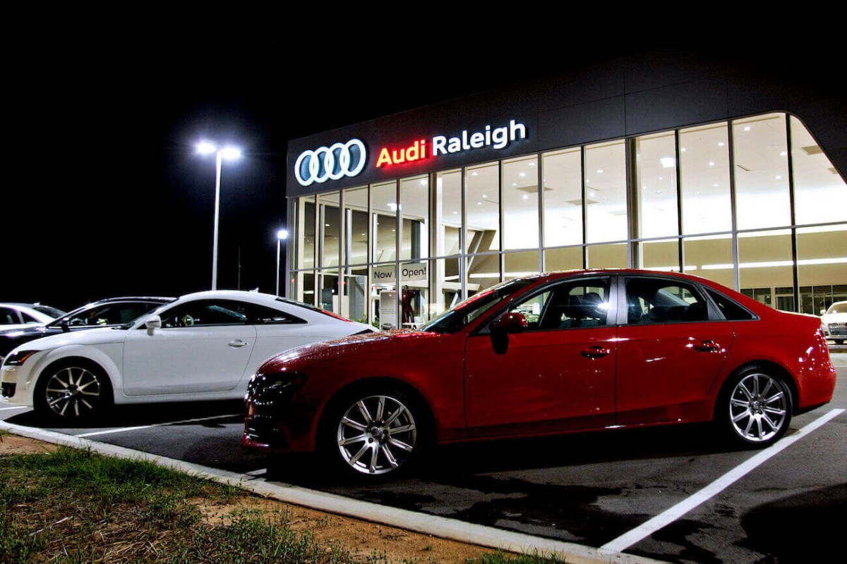 A red Audi A4 sedan sits on display outside the Audi Raleigh dealership in Raleigh, North Carolina, U.S