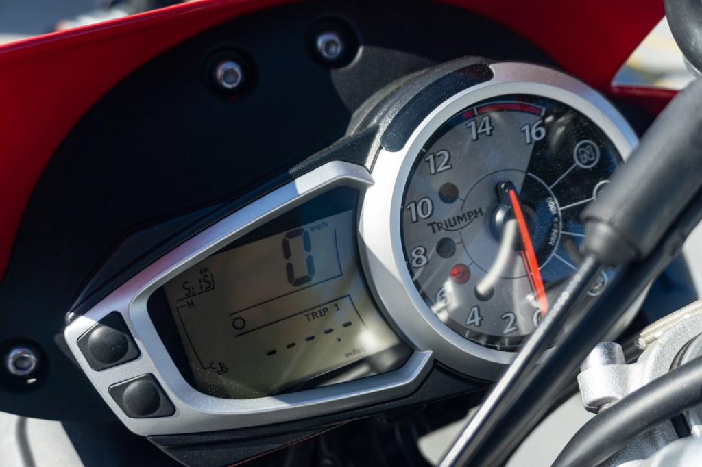 2012 Triumph Street Triple R digital display, showing tachometer and LCD display with trip odometer