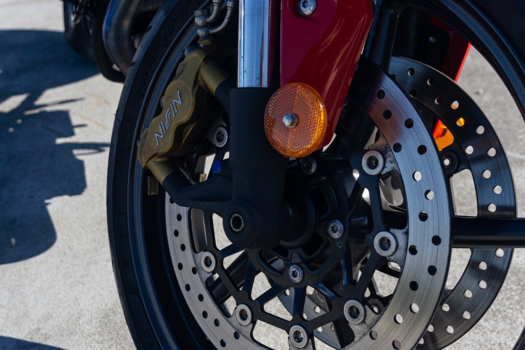 Front dual Nissin brake discs on the 2012 Triumph Street Triple R