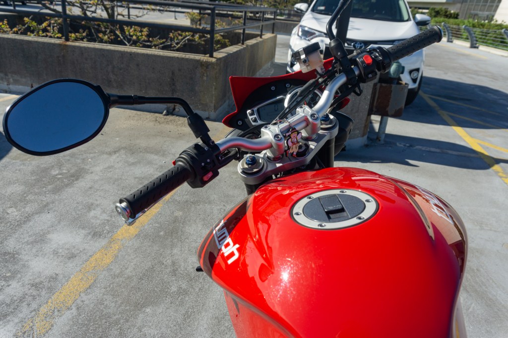 2012 Triumph Street Triple R handlebars shown from the rider's perspective