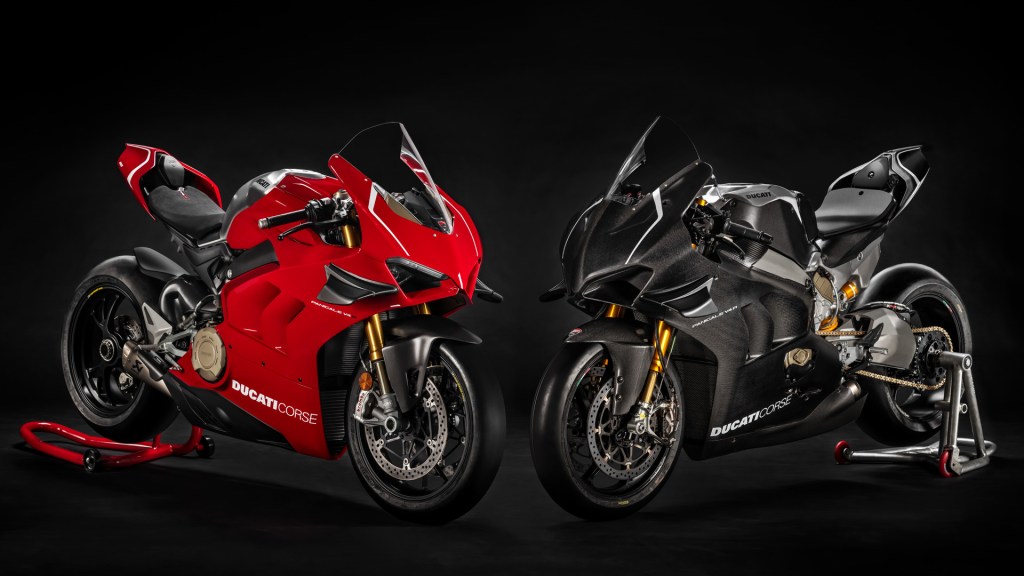 2 2019 Ducati Panigale V4 R motorcycles, one with red body panels and one with black carbon-fiber panels
