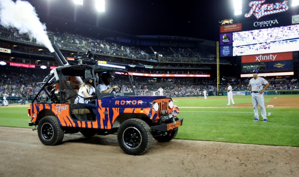 A 2019 Mahindra Roxor UTV being driven around in a stadium. Similarities to the Jeep Wrangler can't be denied.
