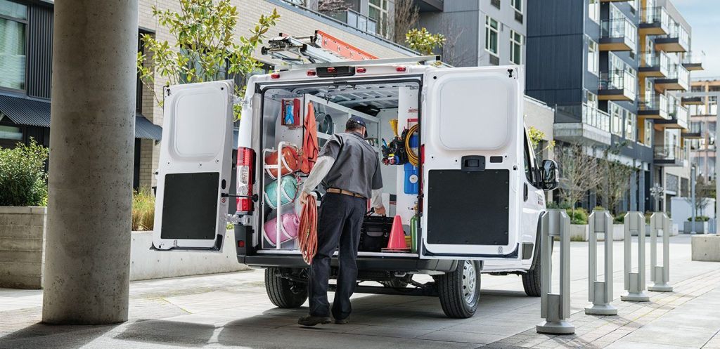 the rear interior cargo of a Ram ProMaster being used on a job
