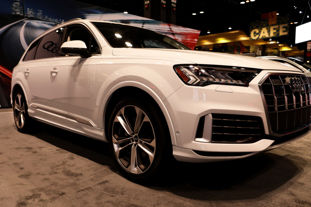 A 2020 Audi Q7 on display at an auto show