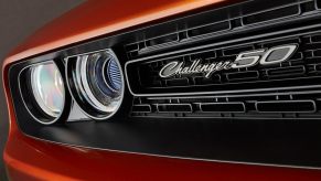 The grille of a 2020 Dodge Challenger shows the 50th Anniversary badge.