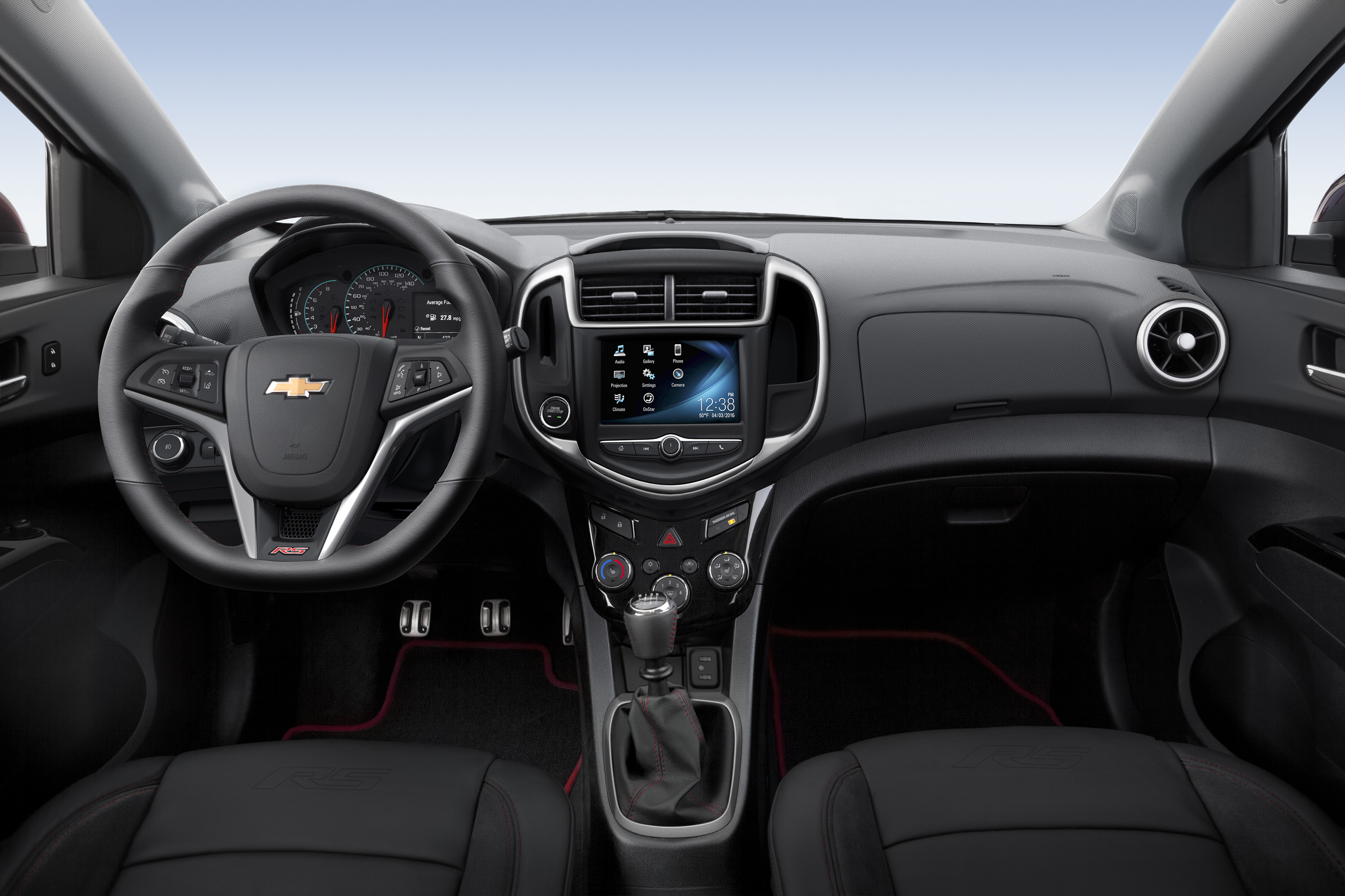 The all black interior of the 2020 Chevy Sonic.
