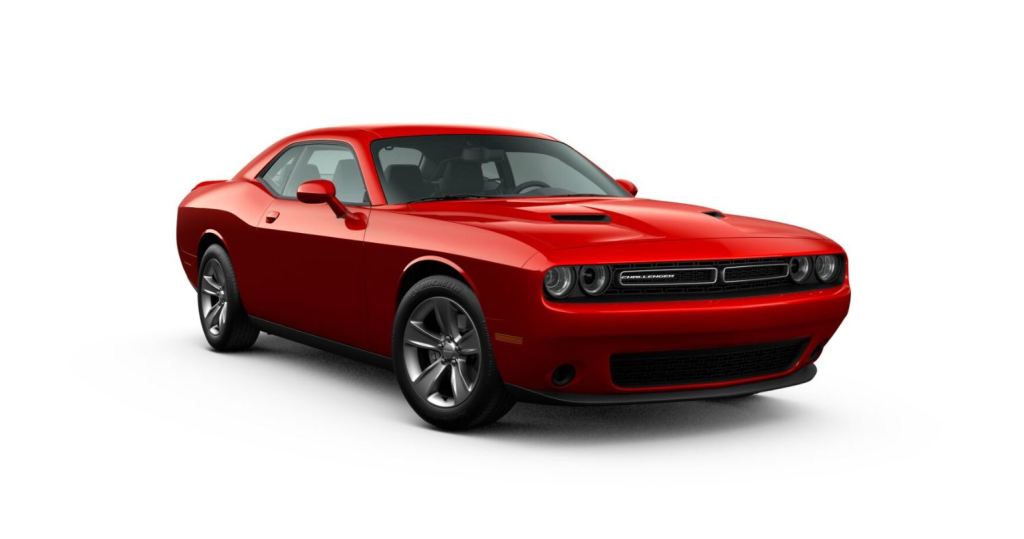 The front passenger side of a red Dodge Challenger SXT on a white background