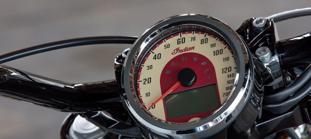 2020 Indian Scout Sixty's gauge, showing speedometer, indicator lights, and digital display