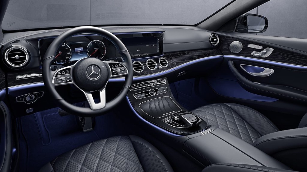 2020 Mercedes E450 4Matic Wagon interior, with designo Black/Titanium Grey Pearl Exclusive Nappa leather and adjustable LED interior lighting