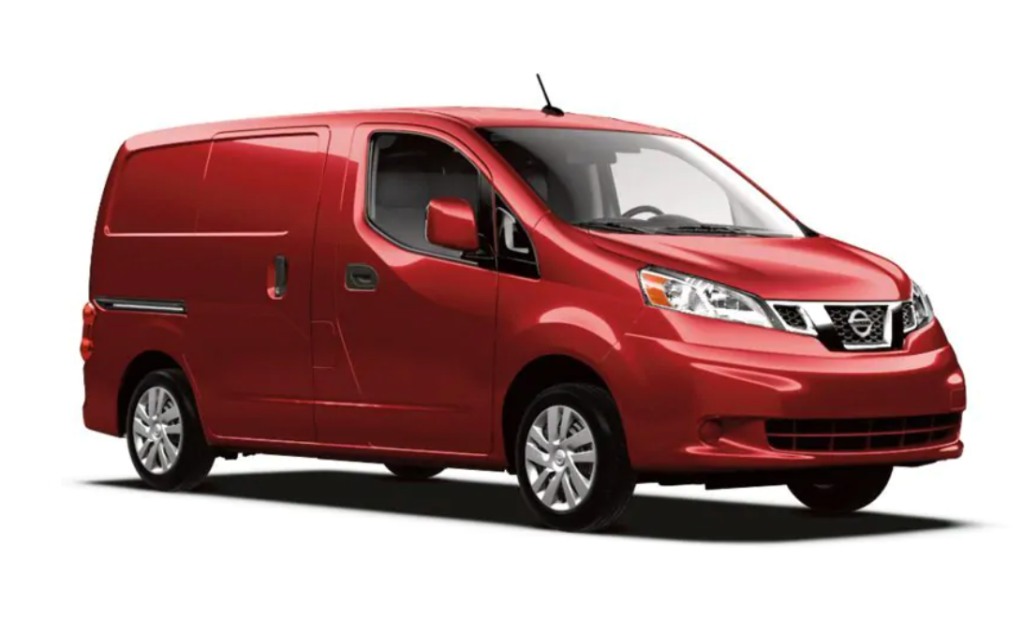 Nissan NV200 unibody cargo van in red on white background