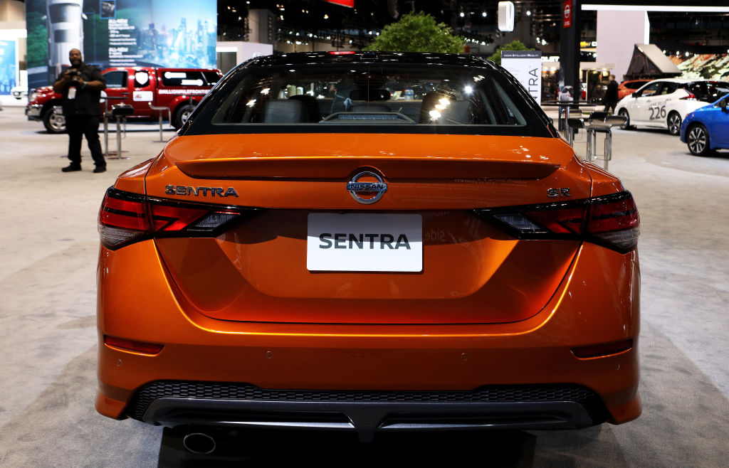A new 2020 Nissan Sentra on display at an auto show