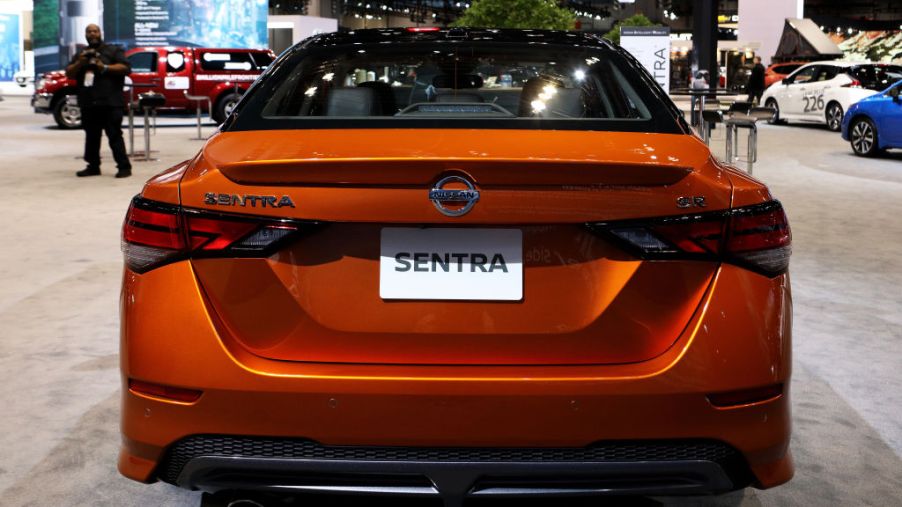 A new 2020 Nissan Sentra on display at an auto show