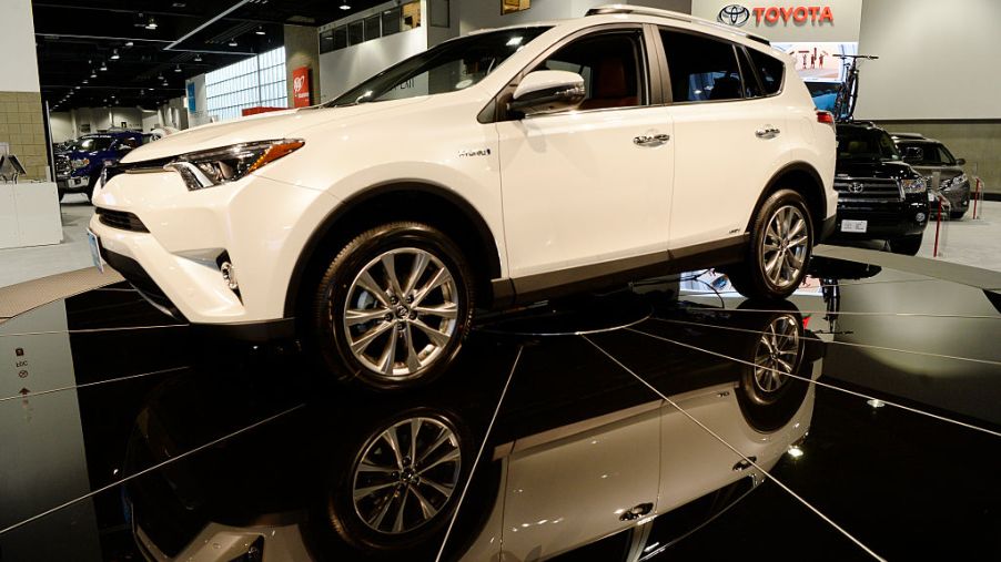 A new Toyota RAV4 Hybrid on display at the Denver Auto Show