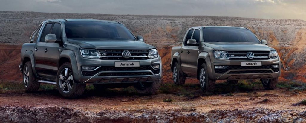 Two 2020 Volkswagen Amarok pickups sitting side by side