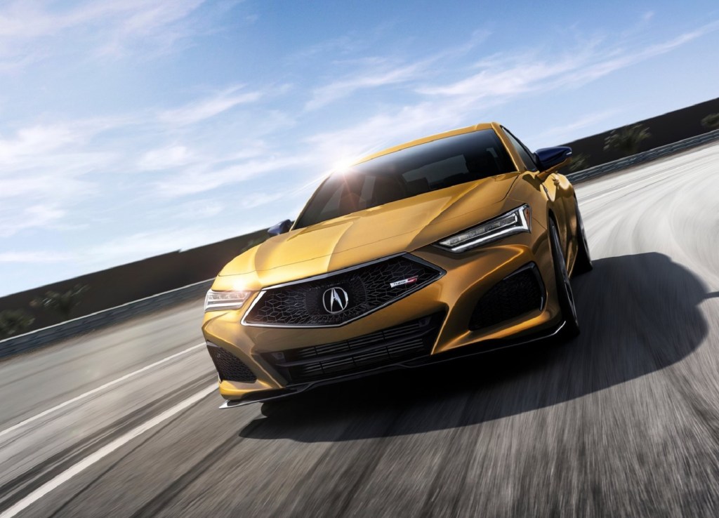 Gold 2021 Acura TLX Type S on a track, front view